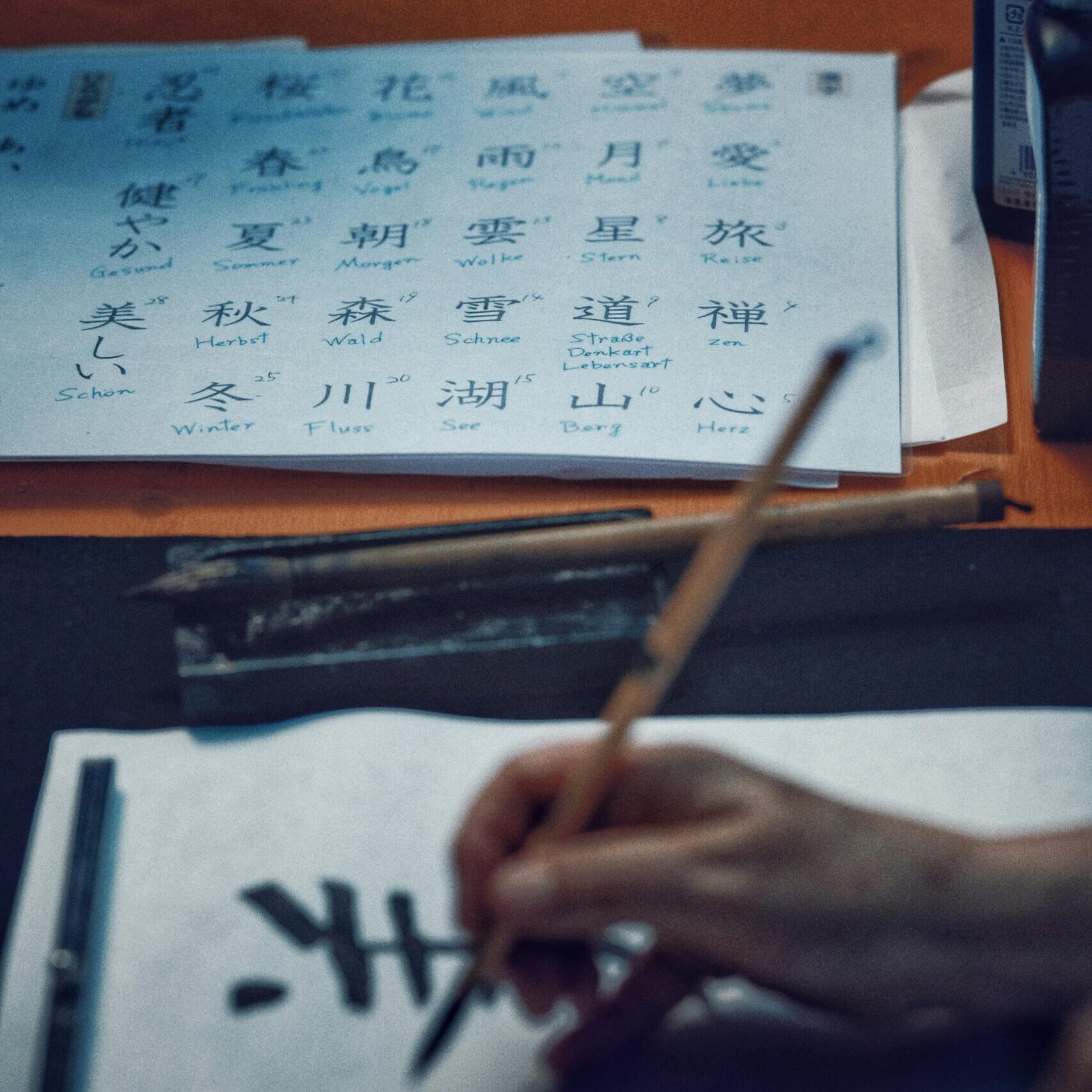 A student practicing academic writing during a personalized English, Mandarin, and Korean language lesson